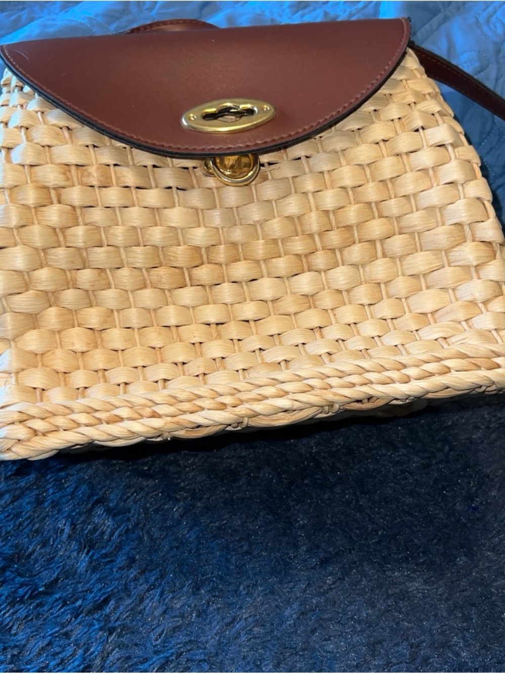 Woven Straw Crossbody Bag with Brown Leather Flap